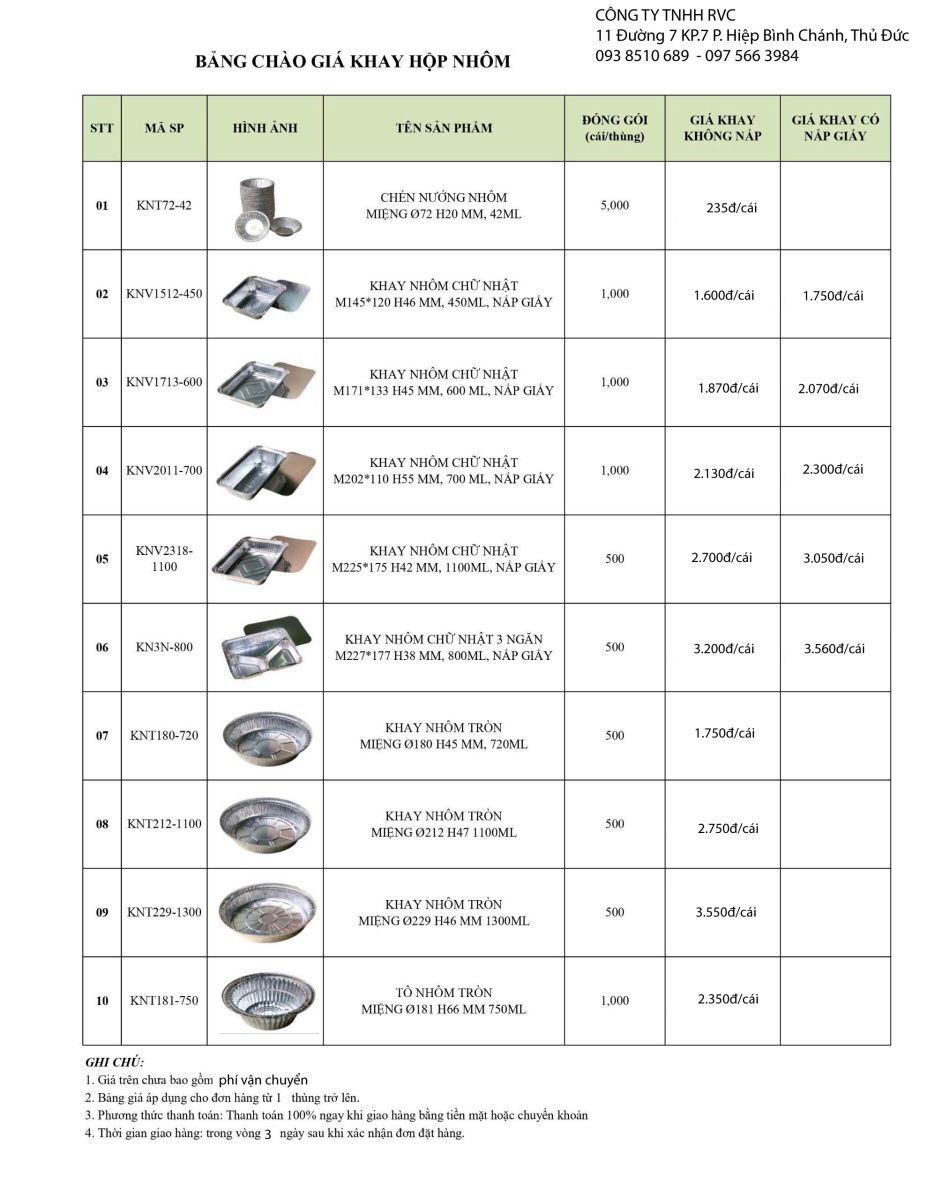 bảng giá khay nhôm đựng thức ăn