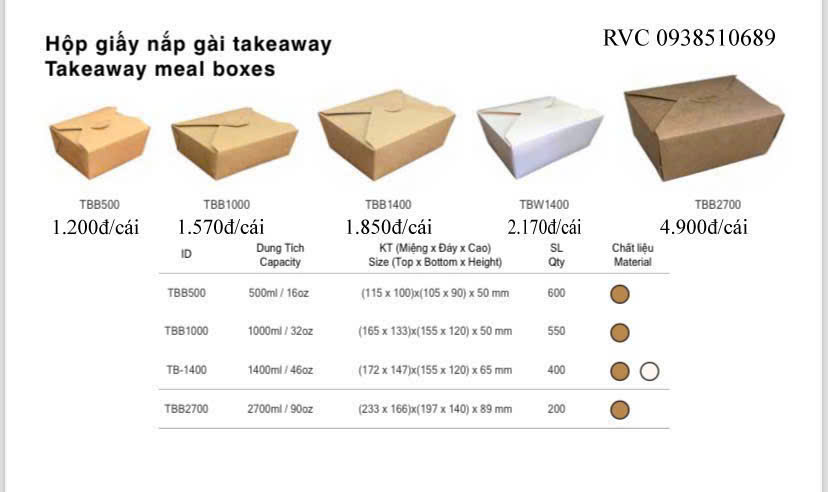 bảng báo giá hộp giấy đựng thức ăn khóa chéo